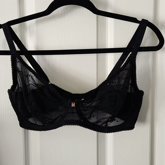 Savage X Fenty Flocked Logo Unlined Demi Bra Black Mesh Size 36DD Gold Hardware - Picture 3 of 11